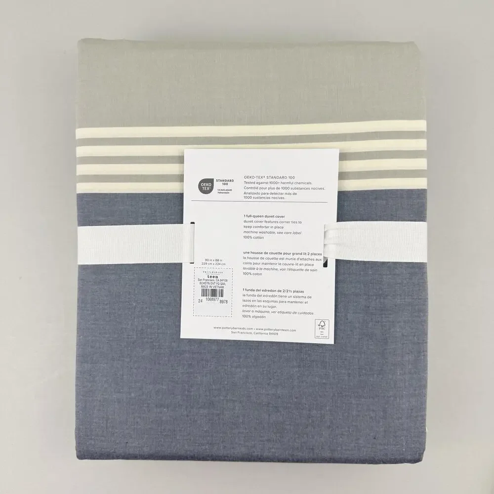 Pottery Barn Teen Beachstone Stripe Duvet Cover FULL/QUEEN & 2 STD Shams Gray